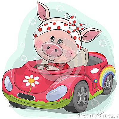 Cute Pig Girl goes on the car Vector Illustration