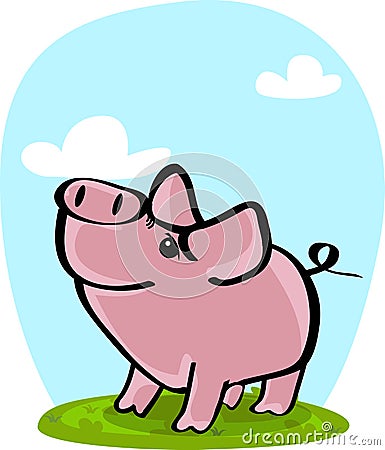 Cute pig on grass Vector Illustration