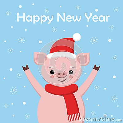 Cute Pig, greeting card merry christmas and happy new year 2019, chinese new year, Vector Illustration