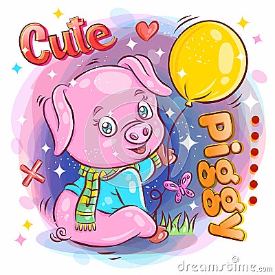 Cute Pig hold and Play Balloon. Stock Photo