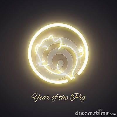 Cute pig neon logo, New year 2019 gold design, chinese horoscope Vector Illustration