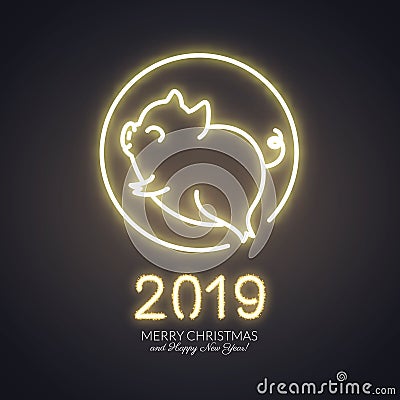 Cute pig neon logo, New year 2019 gold shiny glow design, chines Vector Illustration