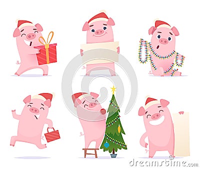 Cute pig. New year 2019 celebration cartoon mascots boar piglet hog vector characters in action poses Vector Illustration