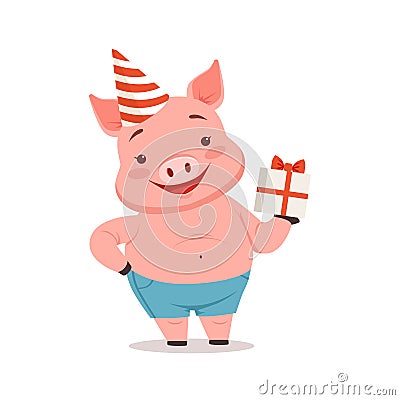 Cute pig in party hat holding gift box, funny cartoon animal vector Illustration Vector Illustration
