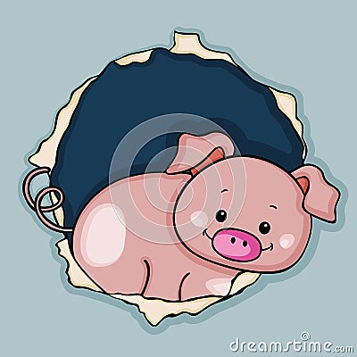 Cute pig peeking through the fence Vector Illustration