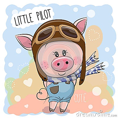 Cute Pig in a pilot hat Vector Illustration