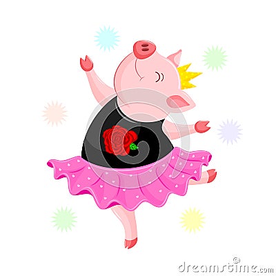 Cute pig in pink dress and crown dancing. Vector Illustration