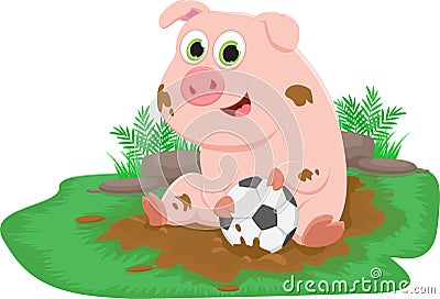 Cute pig play ball in a mud puddle. Farm life Vector Illustration
