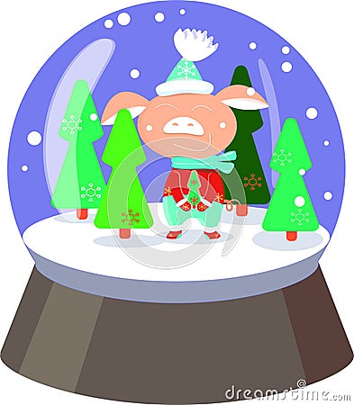 Cute pig in r snowball with falling snowflakes and on white background Vector Illustration