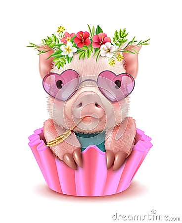 Cute Pig Realistic Portrait Vector Illustration