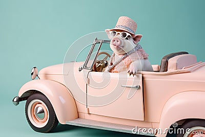 a cute pig in retro clothes driving a car, created with Generative AI technology Stock Photo