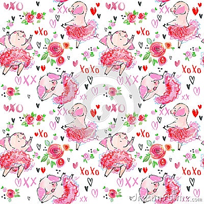 Cute pig seamless pattern. watercolor ballet background Cartoon Illustration