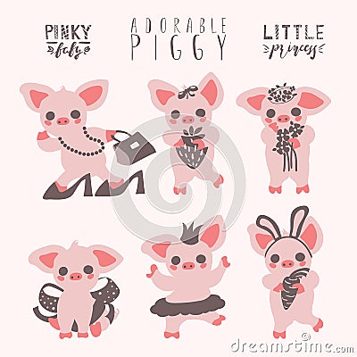 Cute pig set. Piggy girl funny, adorable collection. Graphic print set, stickers, emoji Vector Illustration