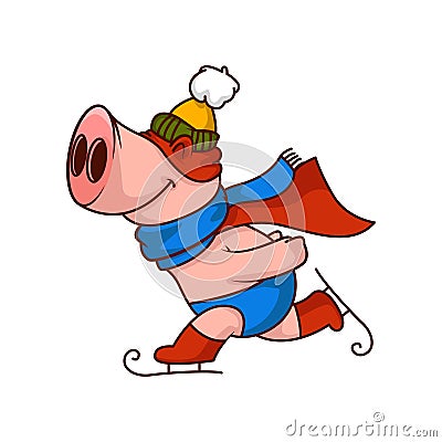 Cute pig superhero riding ice skates. Humanized animal. Winter activity. Funny cartoon character. Vector design Vector Illustration