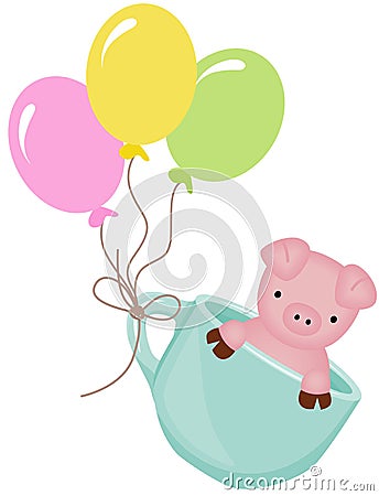 Cute pig in teacup with balloons Vector Illustration