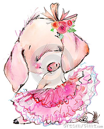 Cute pig watercolor illustration Cartoon Illustration