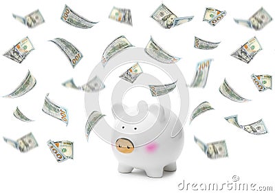 Cute piggy bank with golden snout on white Stock Photo