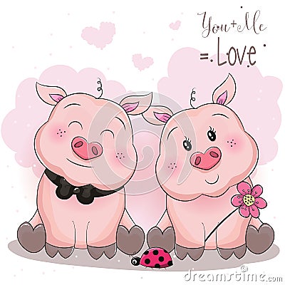 Cute piggy couple with flower Vector Illustration