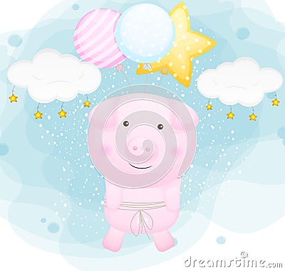 Cute piggy flying with balloons Premium Vector Vector Illustration