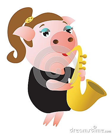 A cute piggy plays saxophone. Female Vector Illustration