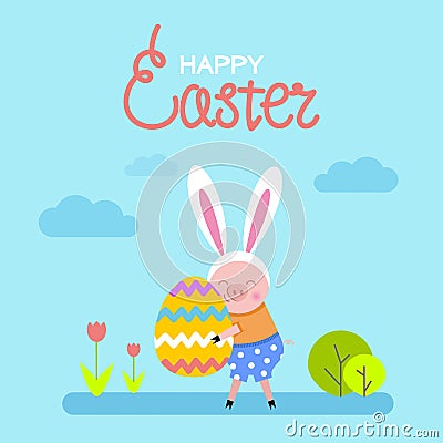 A cute piglet with bunny ears are holding Easter egg. Vector Illustration