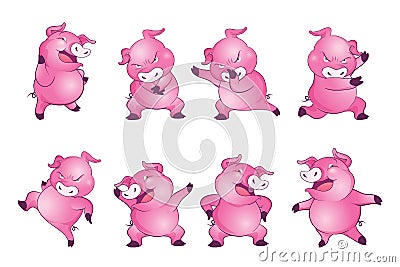 Cute pigs cartoon character cheerful funny many actions Vector Illustration