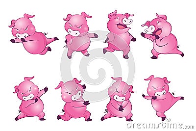 Cute pigs cartoon character cheerful funny dancing many actions Vector Illustration