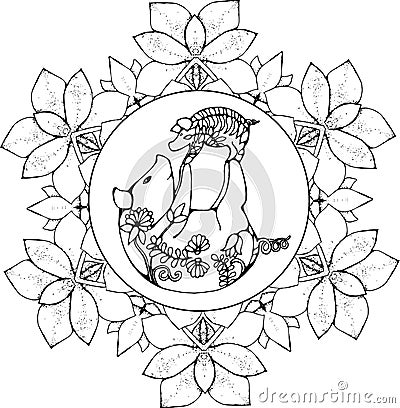 Cute pigs are doing pair yoga. Pig with a baby in the ornament. Flower mandala. Vector Illustration