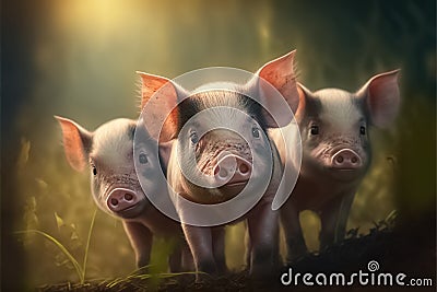 Cute pigs. Pig farm industry farming hog barn pork. Portrait of funny looking piglets. generative AI Stock Photo