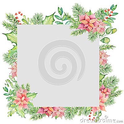 Merry Christmas watercolor frame with floral winter elements. Happy New Year card, posters. Stock Photo