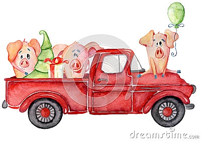 Red Christmas truck with pigs and pine tree New year watercolor illustration Cartoon Illustration