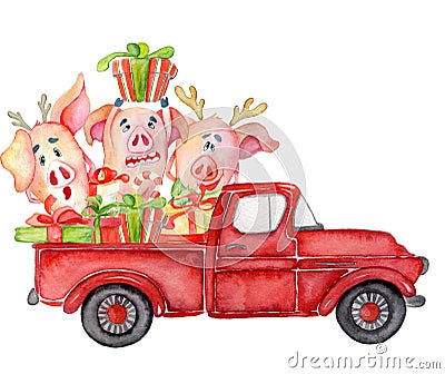 Red Christmas truck with pigs and gifts New year watercolor illustration Cartoon Illustration