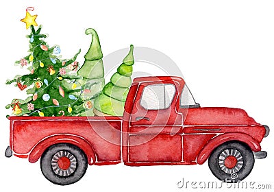 Red Christmas truck with pine trees New year watercolor illustration Cartoon Illustration