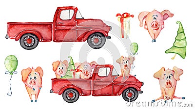 Red Christmas truck creator with pigs, pine tree and gifts New year watercolor illustration Cartoon Illustration