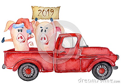 Red Christmas truck with pigs and gifts New year watercolor illustration Cartoon Illustration