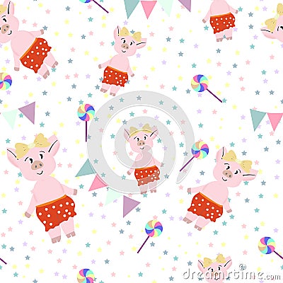 Cute pigs in red pantalones with lollipops. Vector Illustration