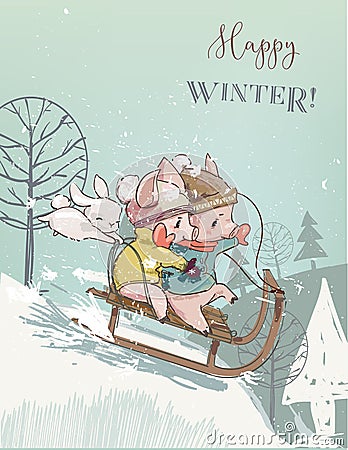 Cute pigs on sleigh Vector Illustration