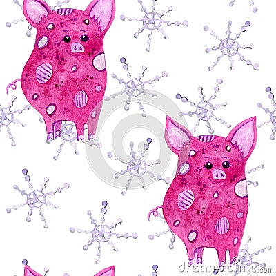 Cute pigs and snowflakes watercolor seamless pattern on white background Stock Photo