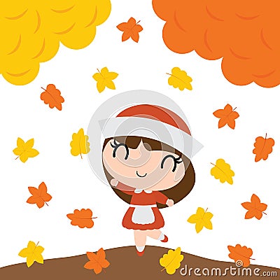 Cute pilgrim girl is happy behind maple trees vector cartoon illustration for happy thanksgiving`s day card design Vector Illustration