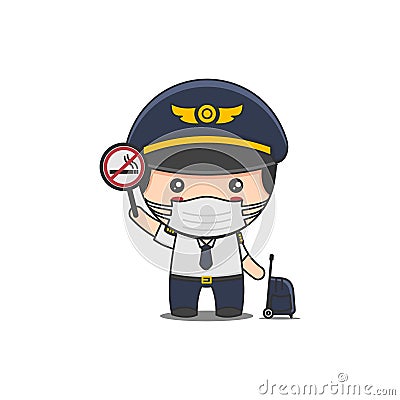 Cute pilot character holding a no smoking sign Vector Illustration