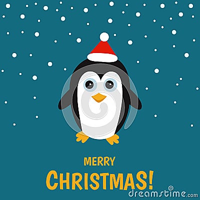 Cute pinguin on winter landscape. Vector Illustration