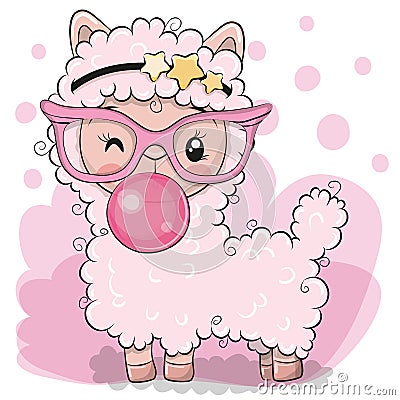 Cute pink alpaca with bubble gum Vector Illustration