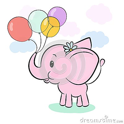 Cute pink baby elephant holding balloons in trunk on cartoon background with pastel clouds and lawn. Cartoon Illustration