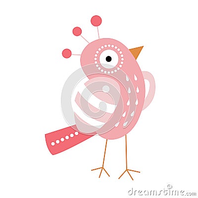 Cute pink bird. Cartoon character for animation. Vector illustration isolated on white background. Vector Illustration