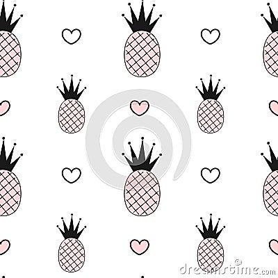 Cute pink black white seamless pattern background illustration with pineapples and hearts Vector Illustration