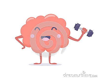 Cute pink brain character with dumbbell. Mental health concept. Brain training exercise. Vector illustration in flat style Cartoon Illustration