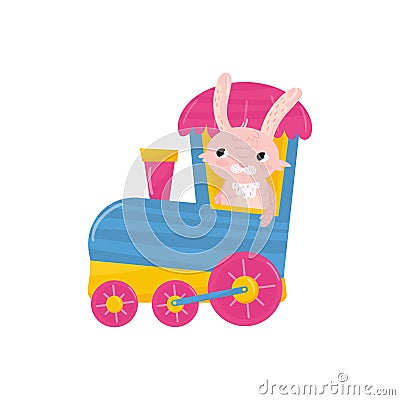 Cute pink bunny with long ears traveling on train. Cartoon character of forest animal. Colorful flat vector design for Vector Illustration