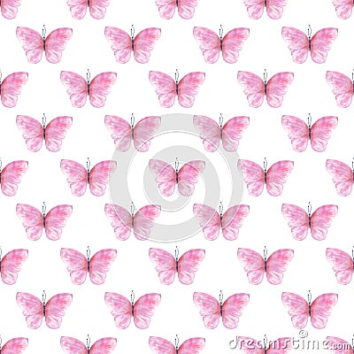 Cute pink butterflies seamless raster pattern Cartoon Illustration