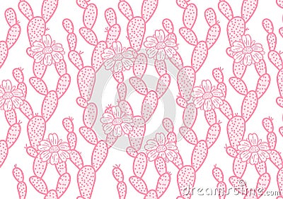 Cute pink cactus hand drawing with flowers wide card. Vector illustration cacti isolated on white background. Vector Illustration