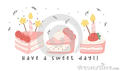 cute pink cake slice sweet summer cartoon flat design idea for invitation banner, birthday card, joyful events and cheerful Vector Illustration